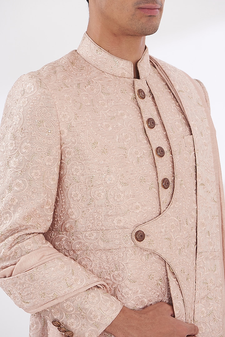 Pink Silk Thread Embroidered Groom Sherwani Set by Gaurav & Apoorva at Pernia's Pop Up Shop