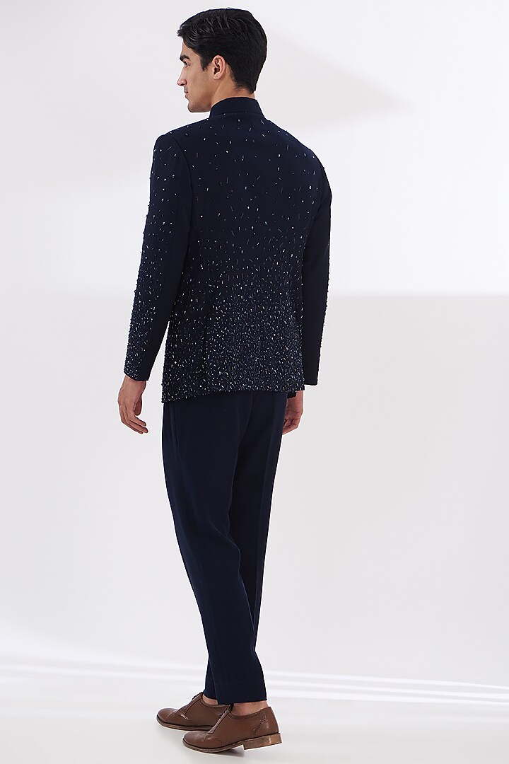 Blue Italian Lycra Hand Embroidered Groom Bandhgala Set by Gaurav & Apoorva at Pernia's Pop Up Shop