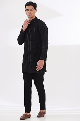 Black Italian Lycra Embroidered Nehru Jacket Set by Gaurav & Apoorva