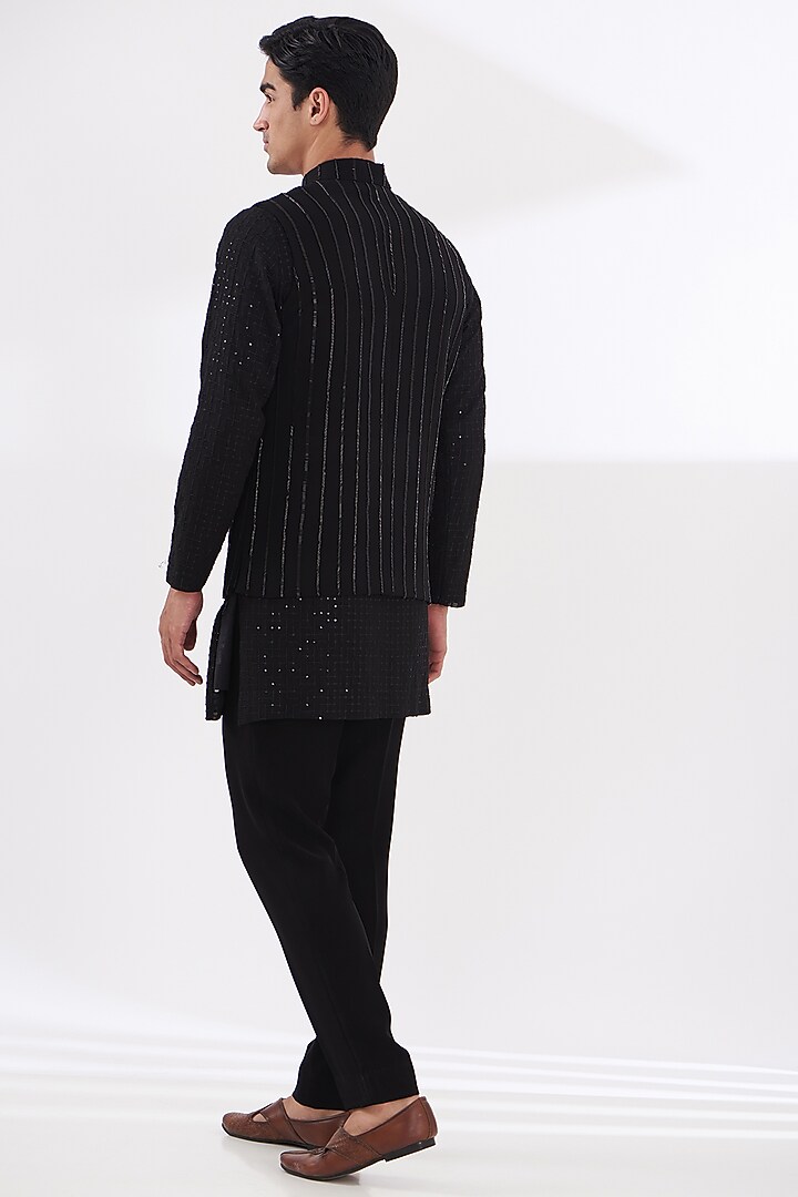 Black Italian Lycra Embroidered Nehru Jacket Set by Gaurav & Apoorva at Pernia's Pop Up Shop