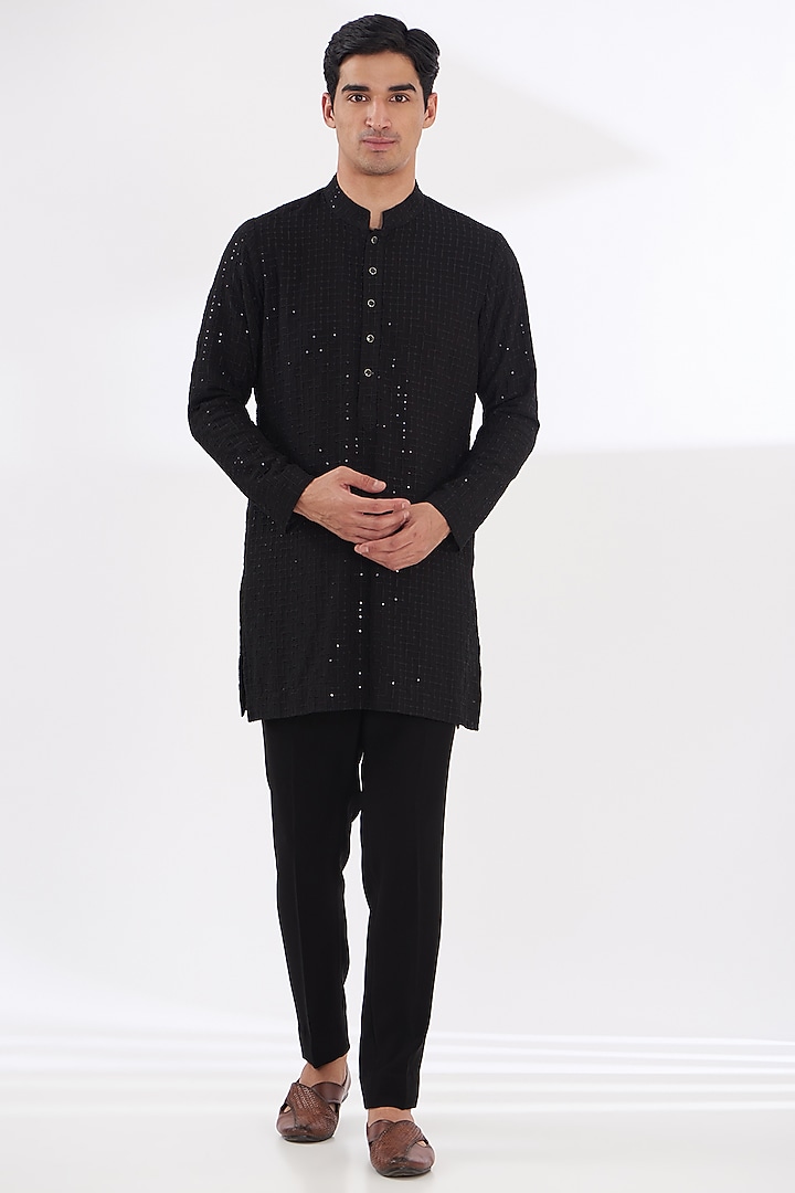 Black Italian Lycra Embroidered Nehru Jacket Set by Gaurav & Apoorva at Pernia's Pop Up Shop