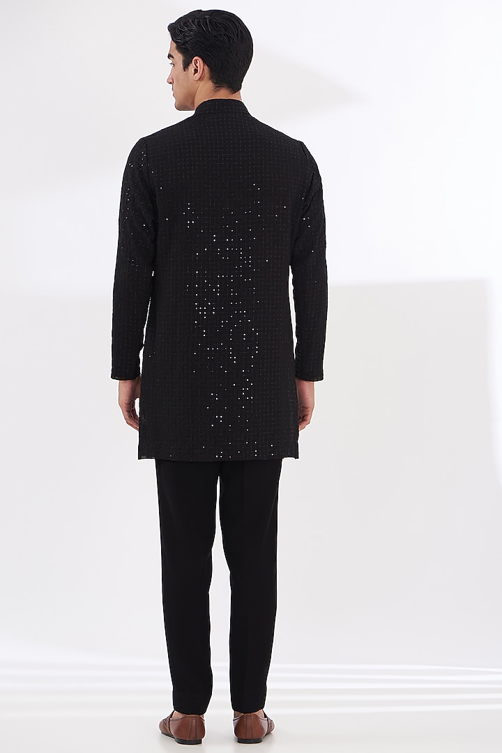 Black Italian Lycra Embroidered Nehru Jacket Set by Gaurav & Apoorva at Pernia's Pop Up Shop