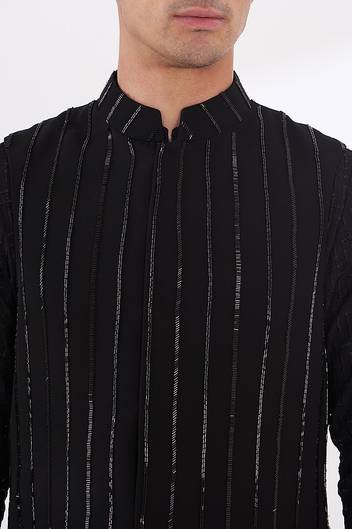 Black Italian Lycra Embroidered Nehru Jacket Set by Gaurav & Apoorva at Pernia's Pop Up Shop
