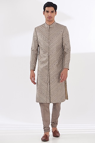 Grey Silk Thread Embroidered Sherwani Set by Gaurav & Apoorva