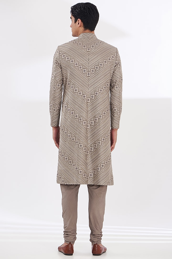 Grey Silk Thread Embroidered Groom Sherwani Set by Gaurav & Apoorva at Pernia's Pop Up Shop