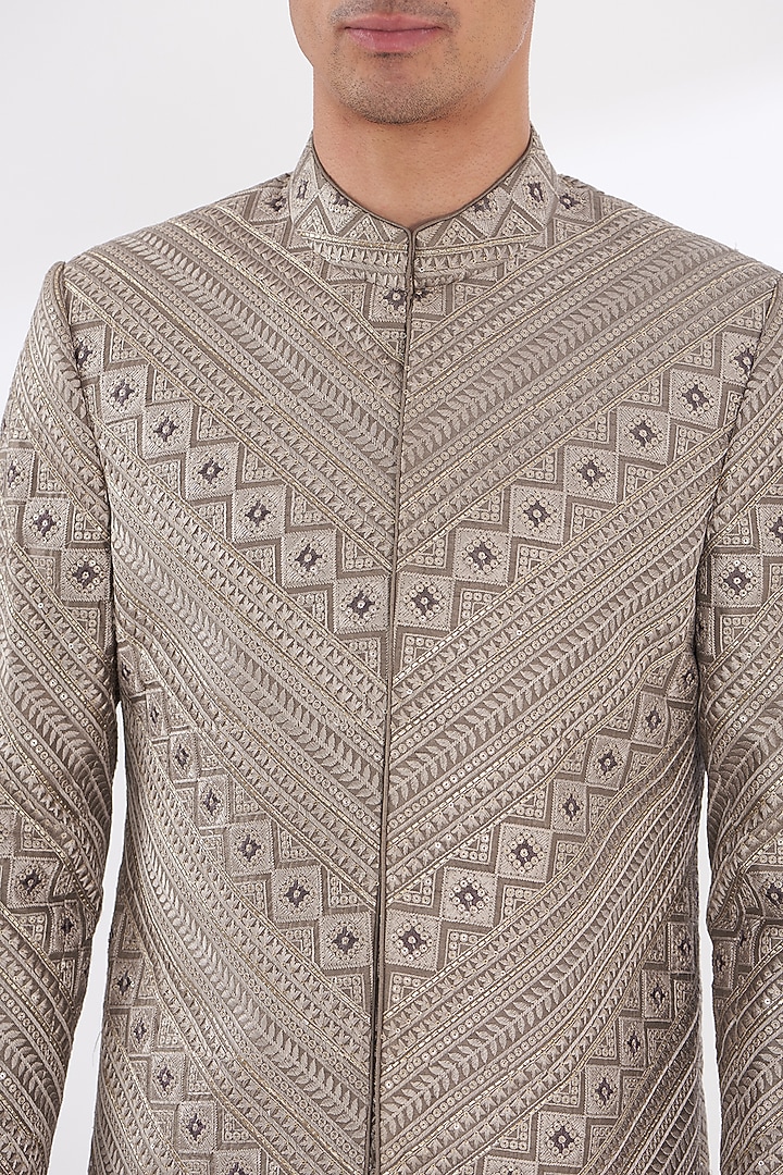 Grey Silk Thread Embroidered Groom Sherwani Set by Gaurav & Apoorva at Pernia's Pop Up Shop