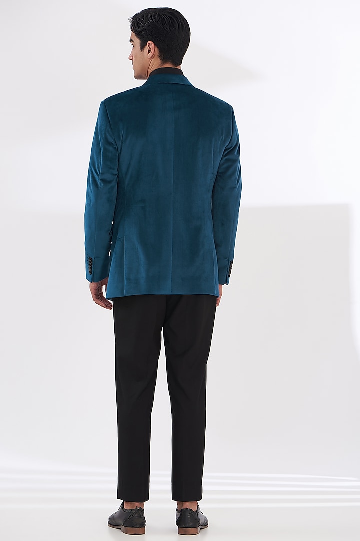 Blue Cotton Velvet Tuxedo Set by Gaurav & Apoorva at Pernia's Pop Up Shop