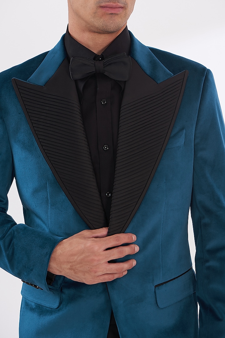Blue Cotton Velvet Tuxedo Set by Gaurav & Apoorva at Pernia's Pop Up Shop