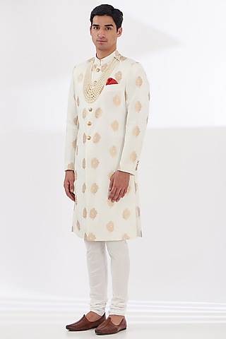 Ivory Silk Sherwani Set by Gaurav & Apoorva
