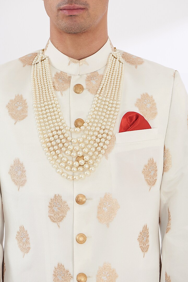 Ivory Silk Groom Sherwani Set by Gaurav & Apoorva at Pernia's Pop Up Shop