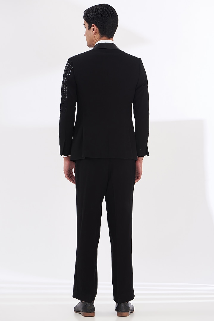Black Italian Lycra Hand Embroidered Tuxedo Set by Gaurav & Apoorva at Pernia's Pop Up Shop