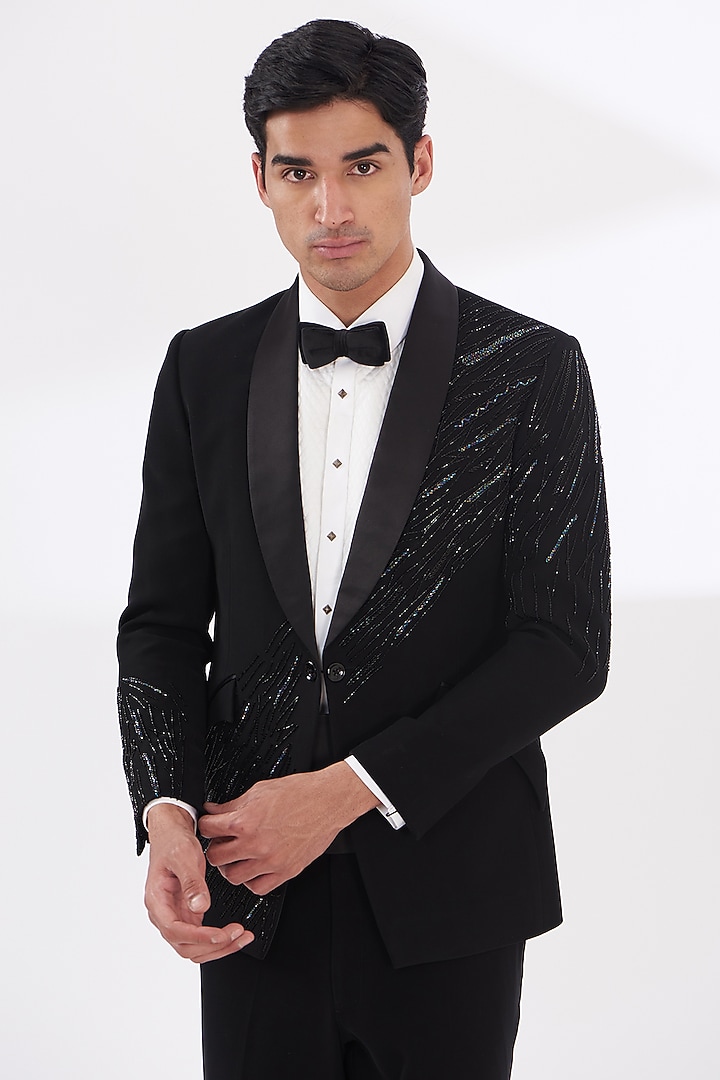 Black Italian Lycra Hand Embroidered Tuxedo Set by Gaurav & Apoorva at Pernia's Pop Up Shop