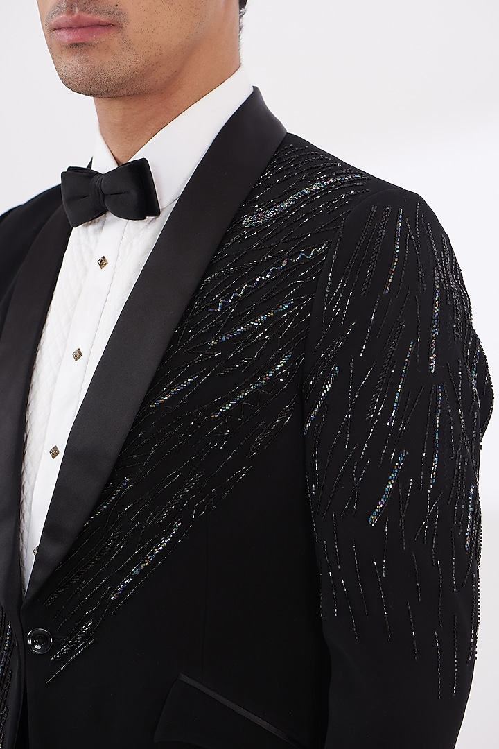 Black Italian Lycra Hand Embroidered Tuxedo Set by Gaurav & Apoorva at Pernia's Pop Up Shop