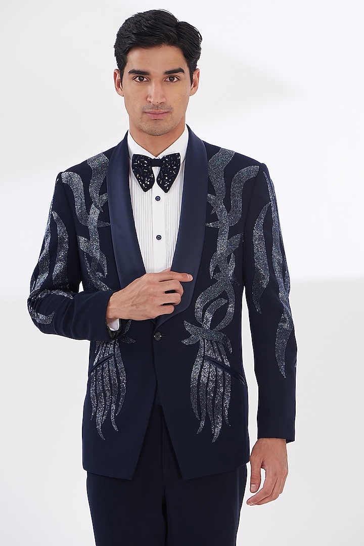 Blue Italian Lycra Hand Embroidered Tuxedo Set by Gaurav & Apoorva at Pernia's Pop Up Shop