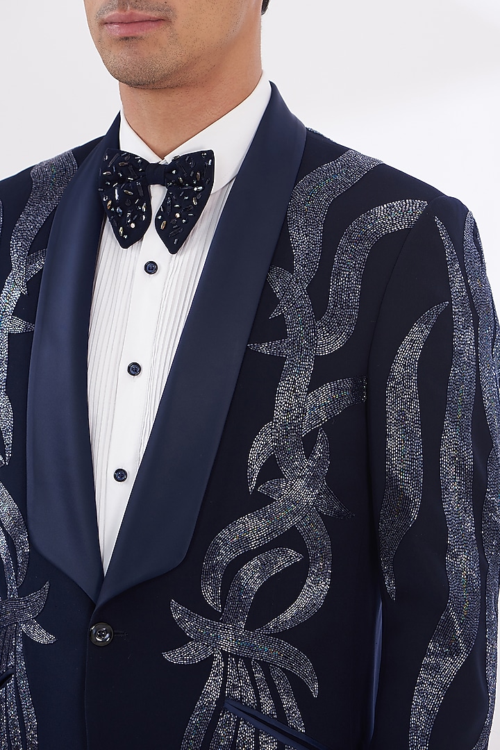 Blue Italian Lycra Hand Embroidered Tuxedo Set by Gaurav & Apoorva at Pernia's Pop Up Shop
