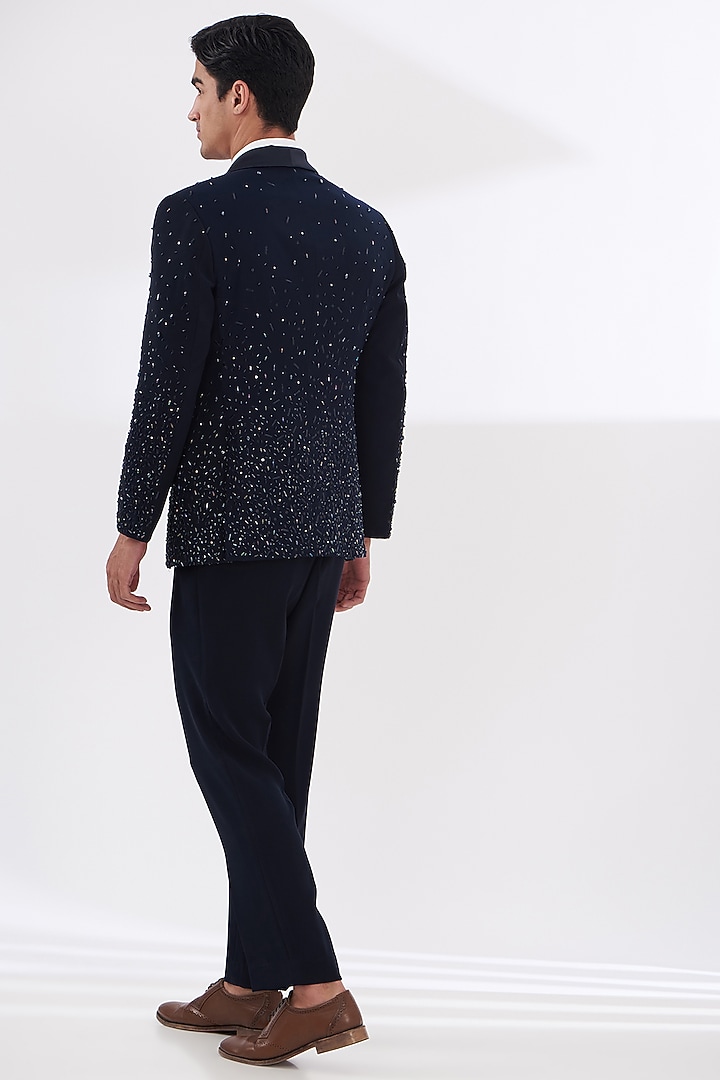 Blue Italian Lycra Hand Embroidered Tuxedo Set by Gaurav & Apoorva at Pernia's Pop Up Shop