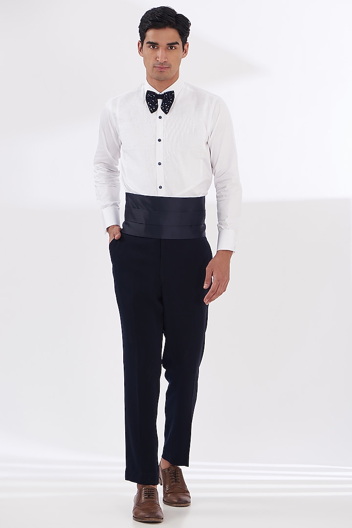 Blue Italian Lycra Hand Embroidered Tuxedo Set by Gaurav & Apoorva at Pernia's Pop Up Shop