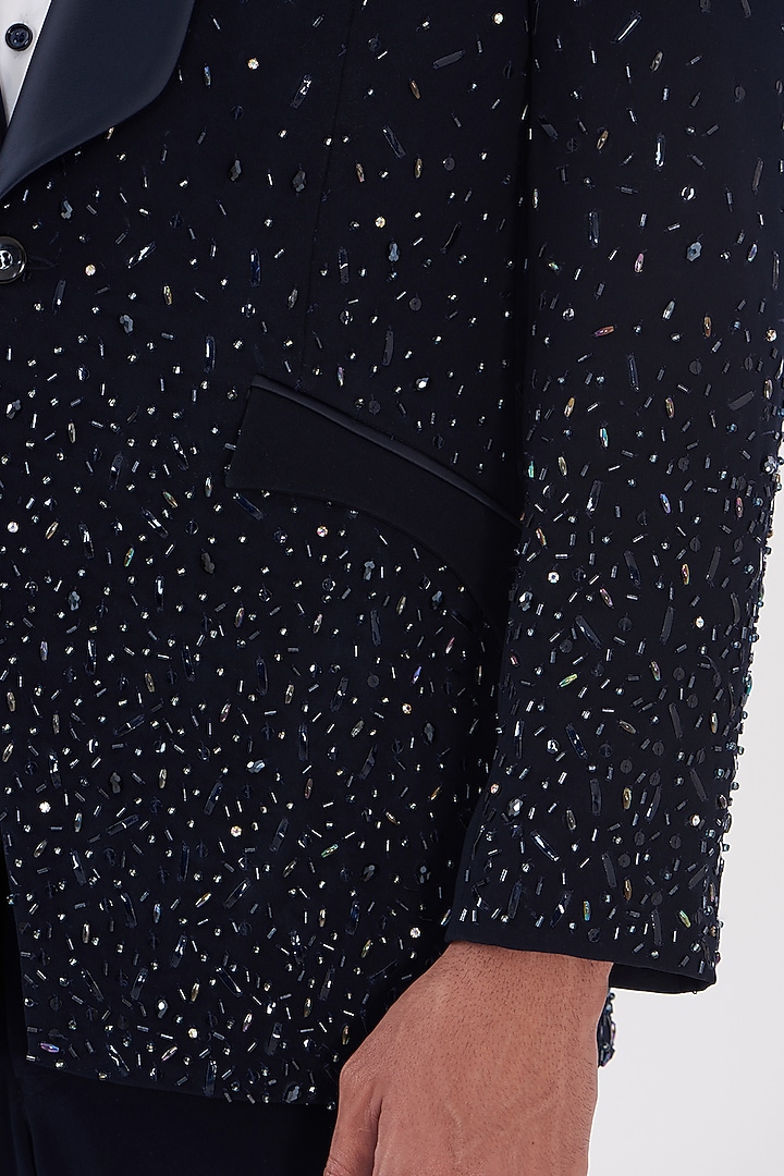 Blue Italian Lycra Hand Embroidered Tuxedo Set by Gaurav & Apoorva at Pernia's Pop Up Shop