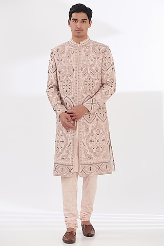Pink Silk Dabka Embroidered Sherwani Set by Gaurav & Apoorva