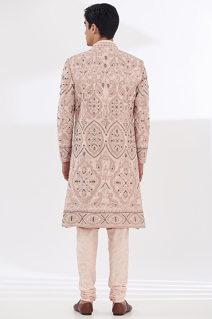 Pink Silk Dabka Embroidered Groom Sherwani Set by Gaurav & Apoorva at Pernia's Pop Up Shop