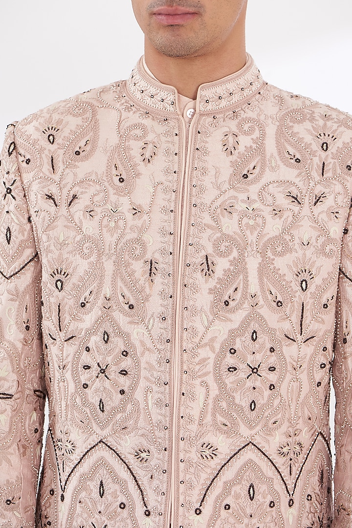 Pink Silk Dabka Embroidered Groom Sherwani Set by Gaurav & Apoorva at Pernia's Pop Up Shop