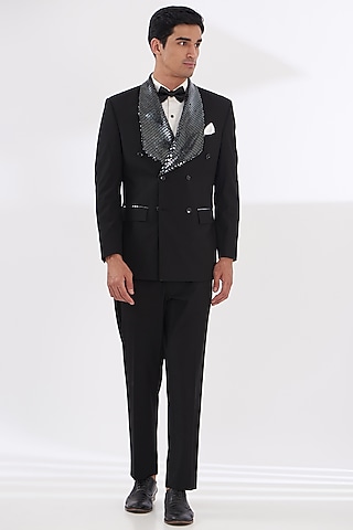Black Italian Lycra Hand Embroidered Tuxedo Set by Gaurav & Apoorva