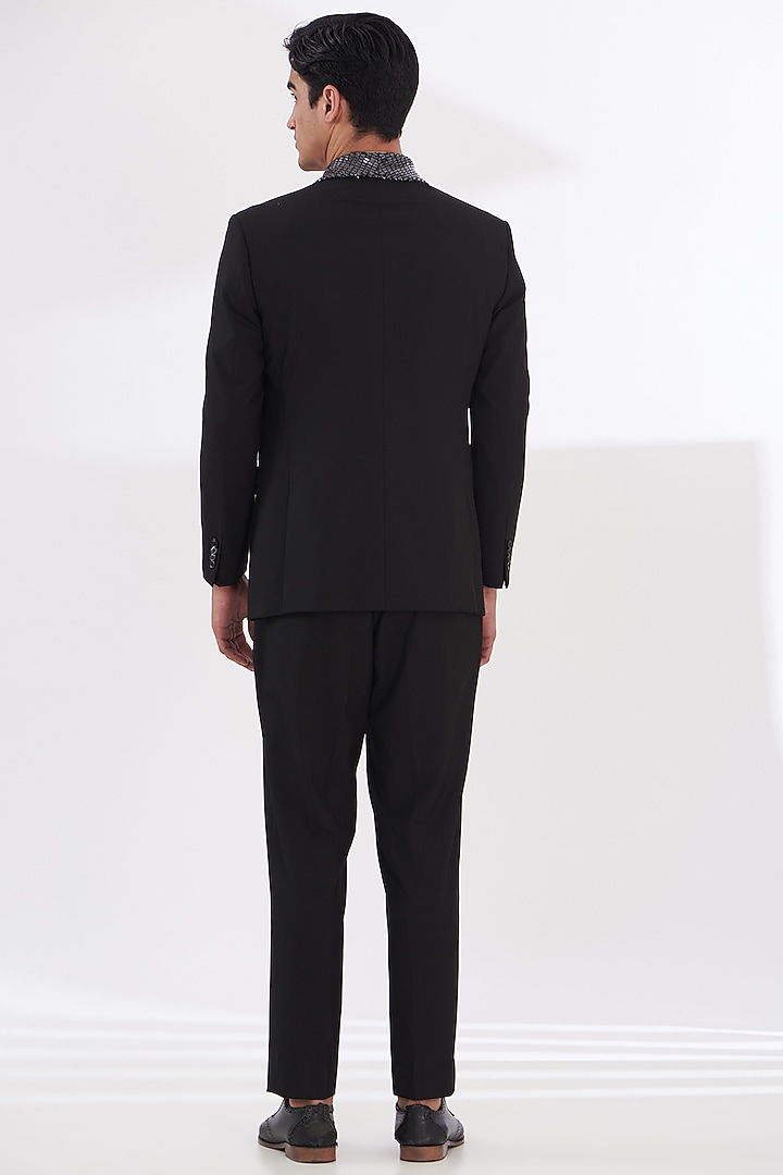 Black Italian Lycra Hand Embroidered Tuxedo Set by Gaurav & Apoorva at Pernia's Pop Up Shop