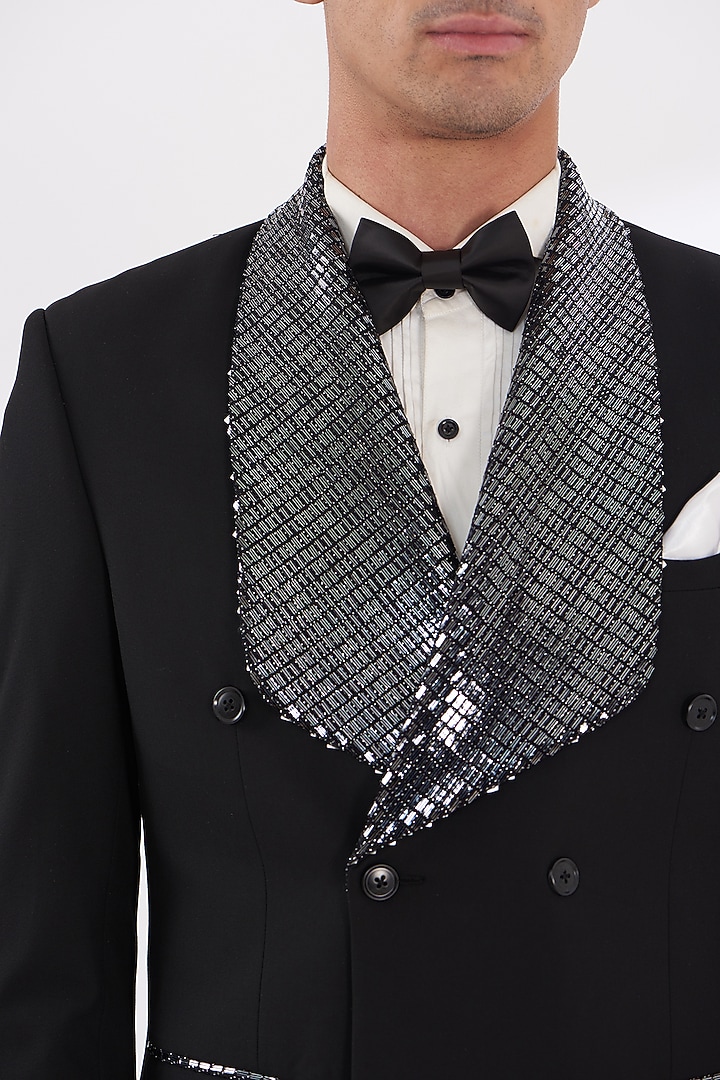 Black Italian Lycra Hand Embroidered Tuxedo Set by Gaurav & Apoorva at Pernia's Pop Up Shop