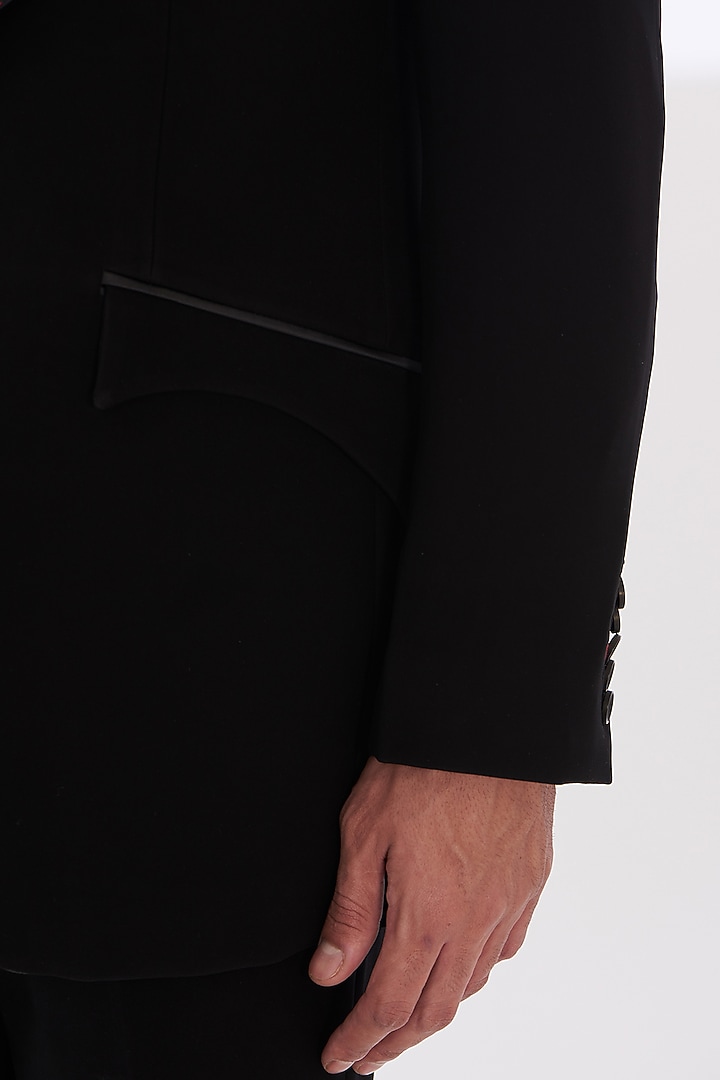 Black Italian Lycra Tuxedo Set by Gaurav & Apoorva at Pernia's Pop Up Shop