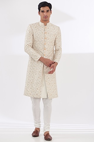 Ivory Silk Thread Embroidered Sherwani Set by Gaurav & Apoorva