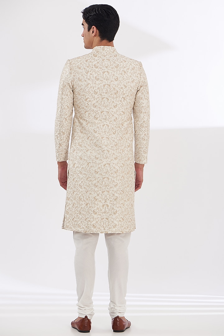 Ivory Silk Thread Embroidered Groom Sherwani Set by Gaurav & Apoorva at Pernia's Pop Up Shop