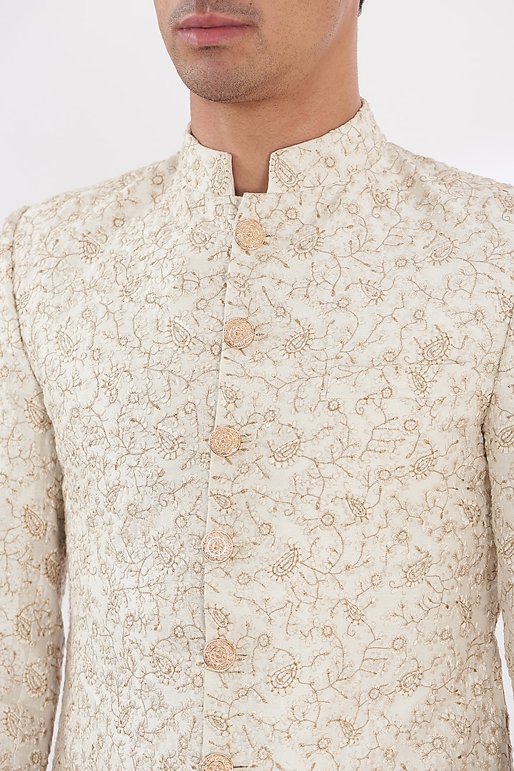 Ivory Silk Thread Embroidered Groom Sherwani Set by Gaurav & Apoorva at Pernia's Pop Up Shop