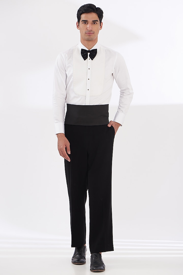 Black Italian Lycra Hand Embroidered Tuxedo Set by Gaurav & Apoorva at Pernia's Pop Up Shop