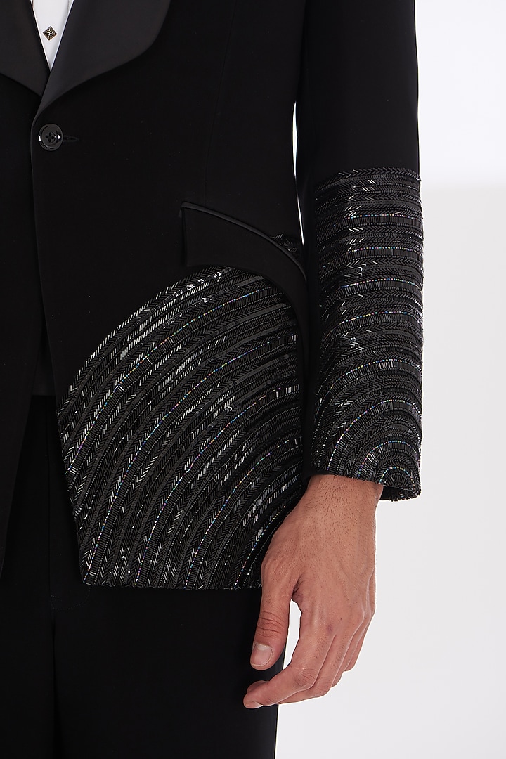 Black Italian Lycra Hand Embroidered Tuxedo Set by Gaurav & Apoorva at Pernia's Pop Up Shop
