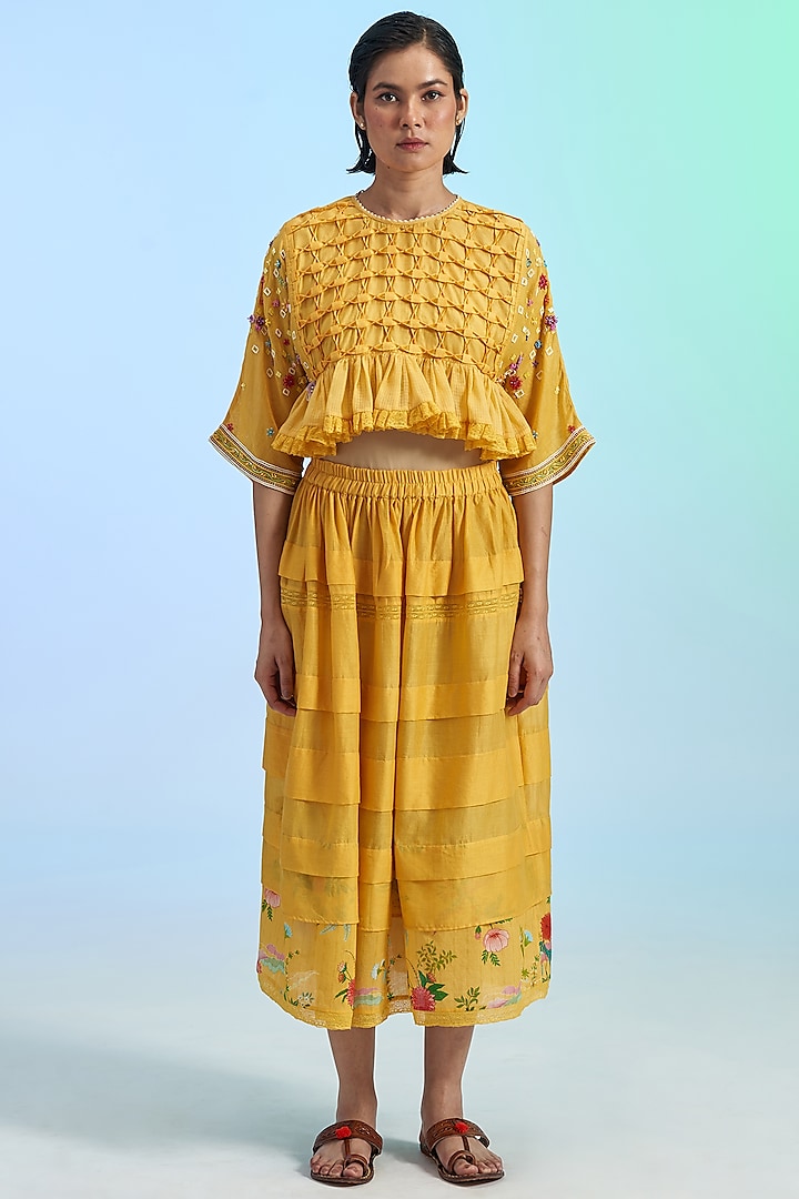 Yellow Cotton Silk Blend Layered Skirt Set by Gyaarah Baees at Pernia's Pop Up Shop