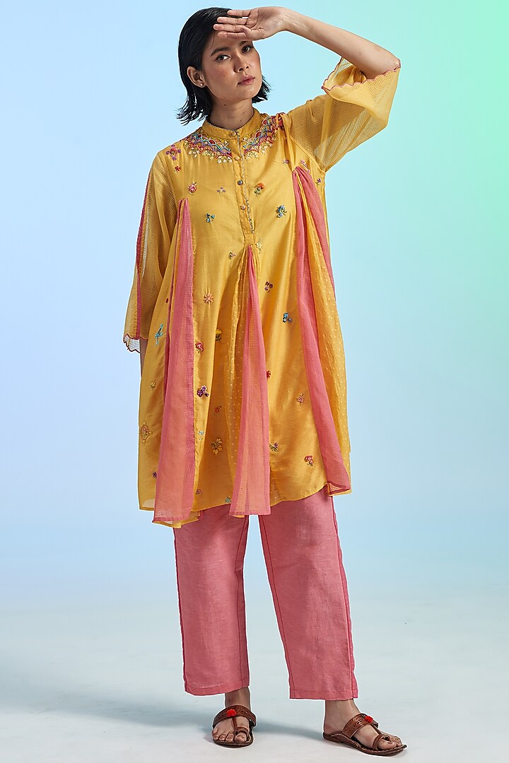 Yellow Cotton Silk & Khadi Embroidered Kurta Set by Gyaarah Baees at Pernia's Pop Up Shop