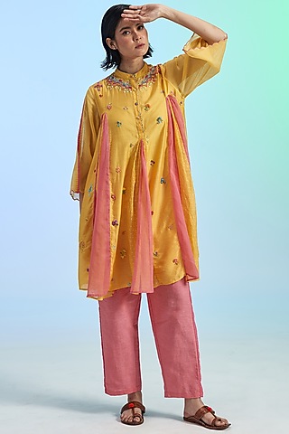 Yellow Cotton Silk & Khadi Embroidered Kurta Set by Gyaarah Baees
