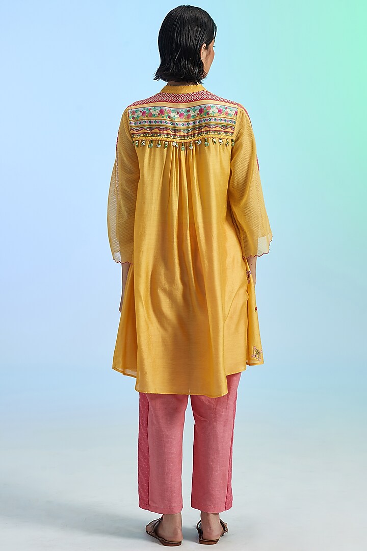 Yellow Cotton Silk & Khadi Embroidered Kurta Set by Gyaarah Baees at Pernia's Pop Up Shop