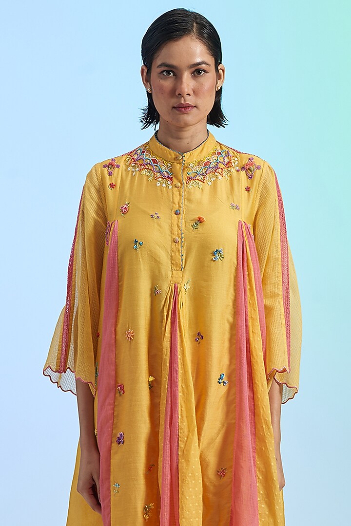 Yellow Cotton Silk & Khadi Embroidered Kurta Set by Gyaarah Baees at Pernia's Pop Up Shop