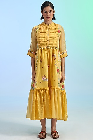 Yellow Cotton & Organza Dress by Gyaarah Baees