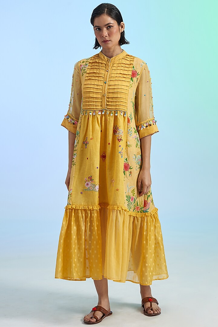 Yellow Cotton & Organza Vacation Dress by Gyaarah Baees at Pernia's Pop Up Shop