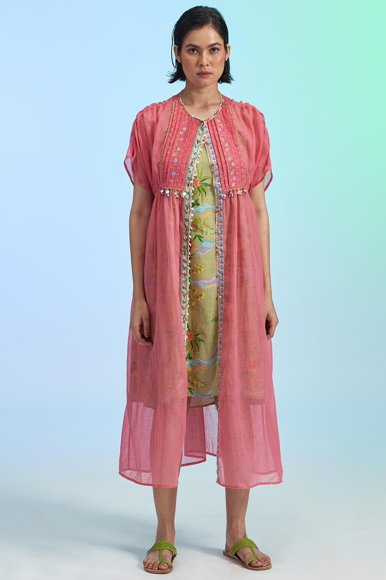 Pink Cotton Silk & Sheer Cotton Kaftan Design by Gyaarah Baees at