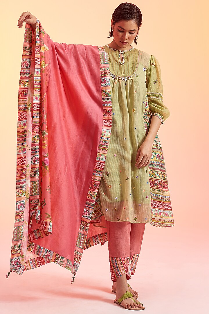 Green Jute Cotton & Cotton Silk Embroidered Kurta Set by Gyaarah Baees at Pernia's Pop Up Shop