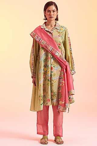 Green Linen & Cotton Silk Embroidered Kurta Set by Gyaarah Baees