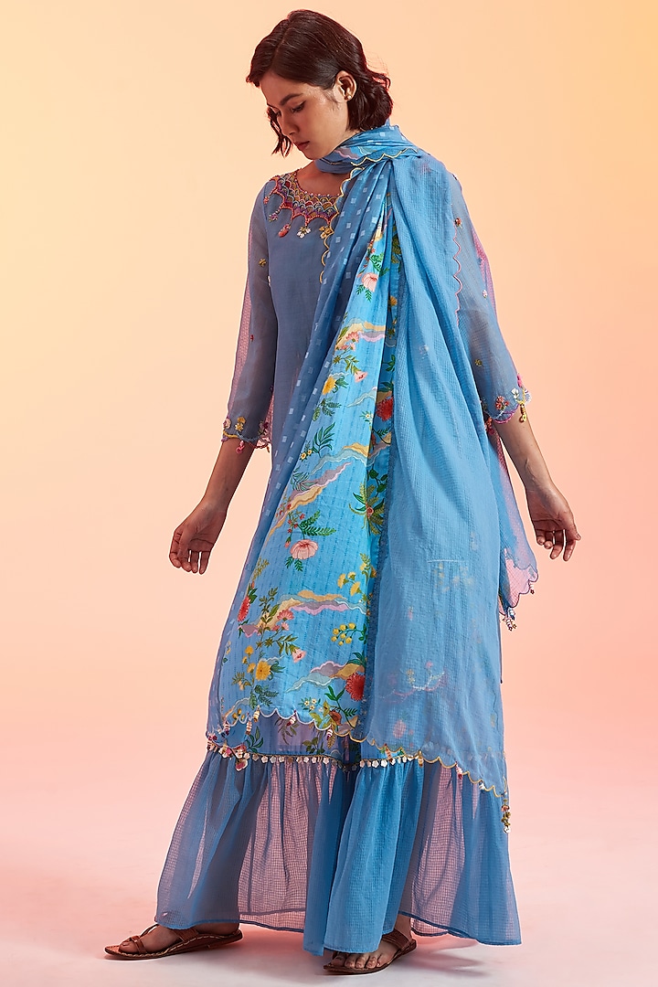 Blue Cotton & Silk Blend Gharara Set by Gyaarah Baees