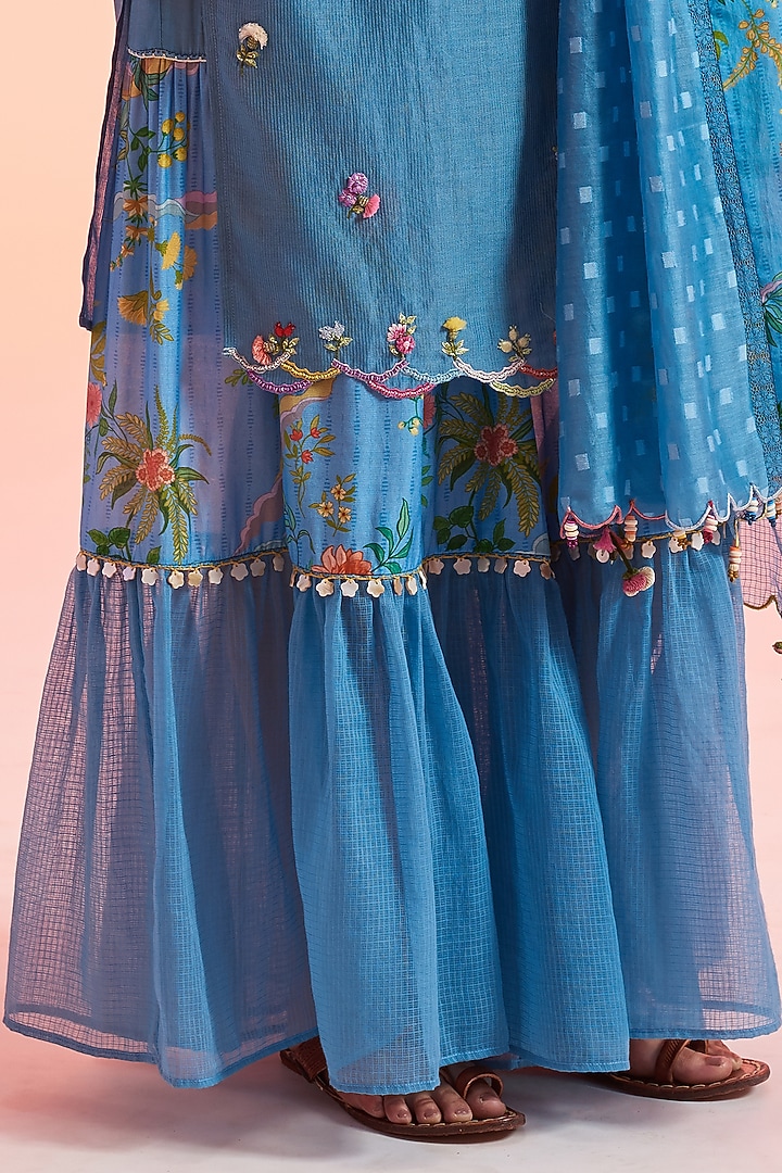 Blue Cotton & Silk Blend Gharara Set by Gyaarah Baees at Pernia's Pop Up Shop
