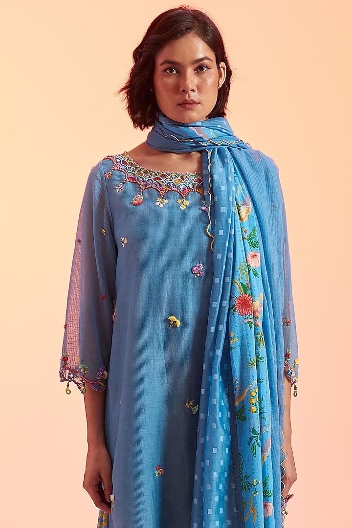 Blue Cotton & Silk Blend Gharara Set by Gyaarah Baees at Pernia's Pop Up Shop