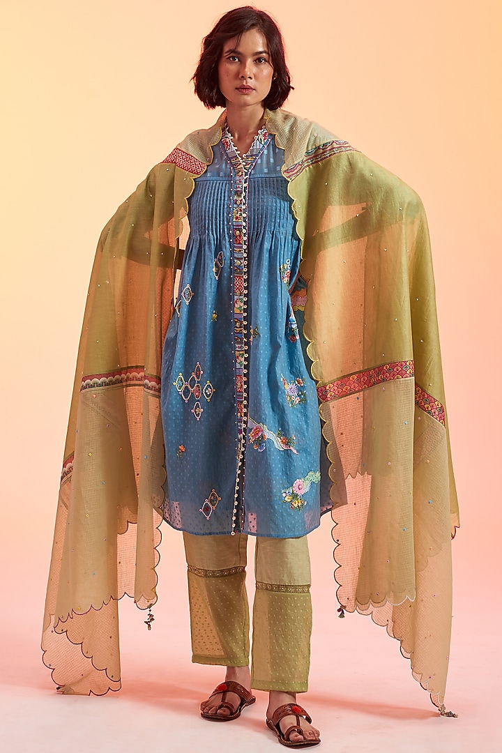 Blue Cotton Silk Printed & Embroidered Kurta Set by Gyaarah Baees