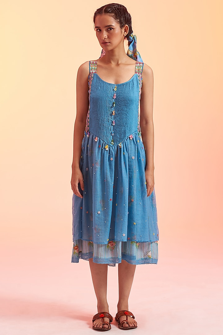 Blue Cotton & Silk Blend Dress by Gyaarah Baees