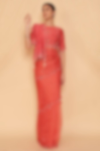 Coral Pink Striped Chanderi Motif Hand Embellished Wedding Saree Set by Gyaarah Baees at Pernia's Pop Up Shop